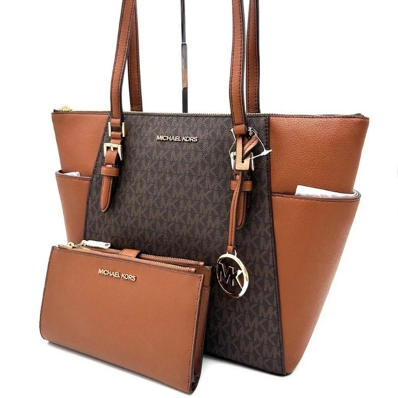 Michael Kors Large Charlotte Tote Bag & Large Double Zip Wallet Brown - Picture 1 of 13